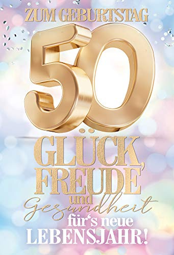 KE - 50. Geburtstagskarte, DIN B6 Format, Klappkarte inkl. Umschlag, Hochwertige Feierkarte, Motiv Freude