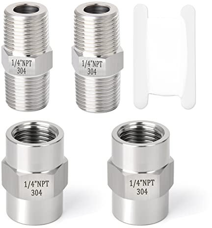 GASHER 4PCS 304 Stainless Steel Pipe Fitting, Hex Nipple Hex Coupling, 1/4 x 1/4 NPT Male Thread Pipe, 1/4Inch x 1/4Inch NPT Female Thread Pipe