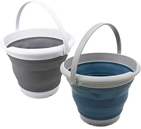 SAMMART Kunststoffeimer 8,5 l – Faltbarer runder Eimer – Tragbarer Wassereimer – Platzsparender Outdoor-Wassertopf Größe: 31 cm Durchmesser (Stahlblau & Grau, 2)