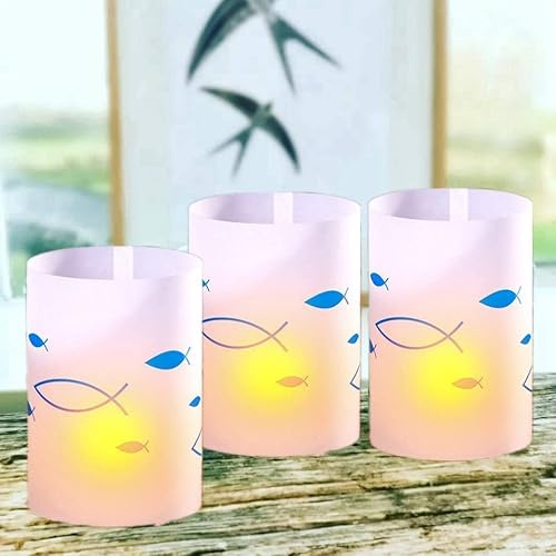 10 x Windlichter Lichthüllen Tischlicht Windlichter Fisch Lichthülle （9cm*14cm Teelicht-Hülle Kommunion Konfirmation Taufe Fisch grau blau, Tischdeko Kommunion Konfirmation Fisch blau