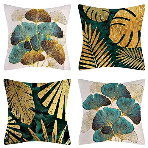 Fullfun Gold Ginkgo Biloba Cushion Covers, Teal Blue linen pillow covers, Pack of 4 Plant leaves square throw pillowcase with invisible zipper for sofa & couch 45 cm x 45 cm(18 x 18 inch)