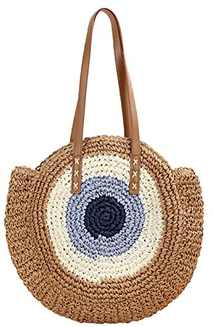 Katutude Stroh Handtasche Runde Strohtasche Gewebte Handgefertigte Sommer Stroh Umhängetasche Strandtasche Böhmische Schultertaschen für Frauen Damen Reisen Urlaub