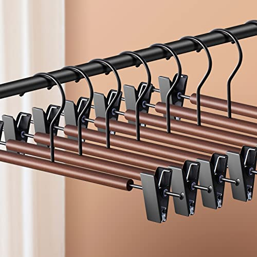 BUMODEL Hosenbügel aus Holz mit Clips, verstellbar, für Damen, platzsparend, für Jeans, Hosen, Kleiderbügel, rutschfest, Braun, 20 Stück