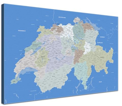 LANA KK - Premium Pinnwand Schweizkarte - Hellblau - Deutsch - in 100 x 70 cm, stabile Rückwand zum Pinnen inkl. Starterkit - Leinwand-Kunstdruck Wandbild Landkarte XXL