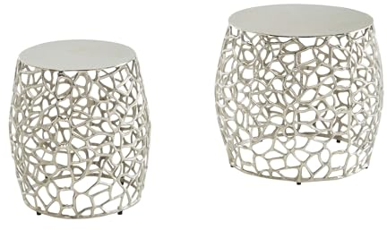Wohnling Beistelltisch 2er Set Aluminium Silber Design Satztisch Metall Rund, Wohnzimmertisch Couchtisch AST-Struktur Modern, Sofatisch 2-teilig Wohnzimmer