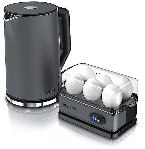 Arendo - SET Wasserkocher ELEGANT mit Eierkocher THREECOOK Edelstahl Cool Grey, Wasserkocher 1,5L 40° - 100°C Warmhaltefunktion, Eierkocher 1-6 Eier, Messbecher