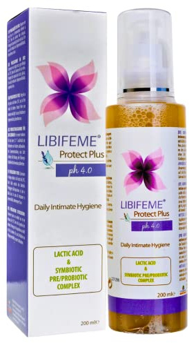 LIBIFEME PROTECT PLUS Gel de Higiene Intima Diario PH 4.0 – Acido Láctico + Aloe Vera + Complejo Pre y Probiotico – Limpia e hidrata la piel de la zona intima de la mujer – 200 ml