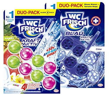 WC FRISCH Kraft Aktiv Duftspüler Hawaii (2 * 50 g), Duftsteine für langanhaltend frischen Duft & WC FRISCH Kraft Aktiv Blauspüler Chlor (2 * 50 g)