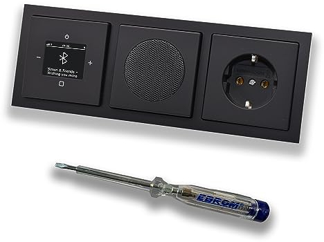 Busch Jäger DAB+ Unterputz Bluetooth Radio 8217U-101 Future SCHWARZ MATT, Set mit Lautsprecher, Abdeckungen, Steckdose mit Kinderschutz, Rahmen + EBROM Phasenprüfer zur Montage d. Geräte - 8217U