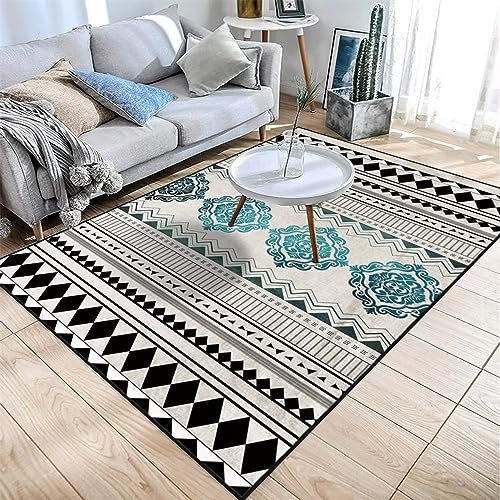 RUGMRZ Teppich Esszimmer Vintage rutschfest und schmutzabweisend Teppich Wohnzimmer modern Blau 24 fleckerlteppich kleines Teppich esszimmer rustikale deko100x160CM