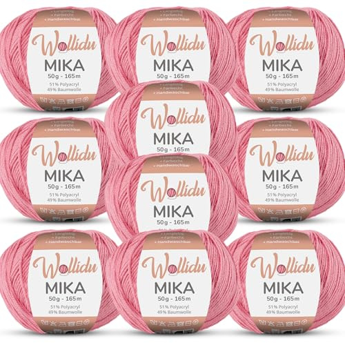 Wollidu Mika 51% Polyacryl 49% Baumwolle zum Häkeln und Stricken 10x 50g/165m Oeko-Tex Strickgarn Häkelgarn - Rosa