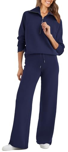 Glamaker Womens 2 Piece Outfits Sweatsuit Set Oversized Half Zip Sweatshirt Wide Leg Sweatpants Lounge Set Tracksuit, Navy Blue, Small