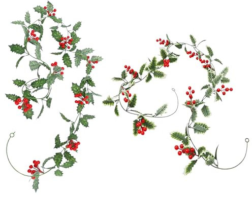 2M Guirnalda de Navidad de Bayas Rojas 2 Piezas, Guirnalda de Hojas de Acebo y Bayas de Acebo Artificiales Decoración de Navidad Decoración de Año Nuevo para Chimenea Escalera Puerta
