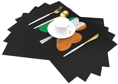 Irish Flags and Four Leaf Clovers St Patricks Day PVC Woven Placemats, Anti-Stain and Oil-Proof Heat-Resistant Dinner Plate Mats, Kitchen Table Gathering Holiday Party Decorations.