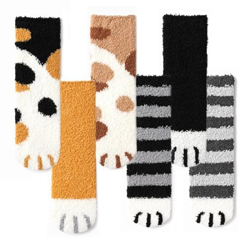 Lot de 6 paires de chaussettes moelleuses pour chat - Chaussettes d'hiver épaisses - Chaussettes chaudes - Chaussettes de maison - Absorbantes - Respirantes - Chaussettes douillettes pour femme et