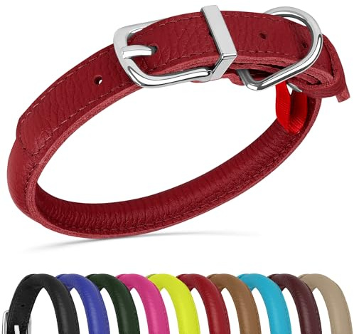 OOPSDOGGY Hundehalsband aus gerolltem Leder, weich, für kleine, mittelgroße und große Hunde, Welpen, Rot, Größe XXS, 17,8 - 22,9 cm