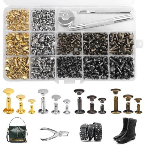 Huiguli 240 Stück Ledernieten Set, 3 Größen Leder Nieten Set mit 3 Stück Fixierung Werkzeug, 12mm 8mm 6mm, Doppelkappe Ledernieten für DIY, Tasche, Lederhandwerk, Kleidung, Dekoration, 4 Farben