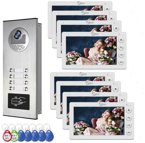Verdrahtete Video-Sprechanlage für Wohnungen, 8 Einheiten 7-Zoll-Monitor-Video-Türsprechanlage, Indoor Outdoor-Video-Türklingel, ID-Karte entriegeln, 2-Wege-Audio für Haus Wohnung (acht Monitore)