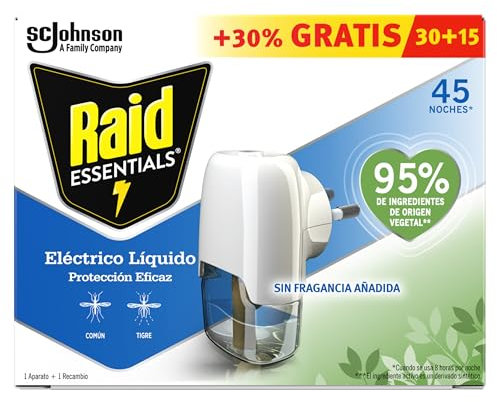 Raid Essentials Eléctrico Líquido Anti Mosquito Comunes y Tigre 45 Noches Con Aplixador + 1 Recambio