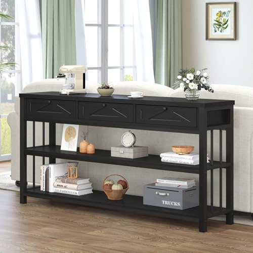 HSH Konsolentisch Schwarz mit Schubladen, Eingangstisch mit Lagerregal, 3stufiger Konsolentisch mit Lagerung hinter der Couch für das Wohnzimmer, rustikaler Holz Metall 140cm | 3-stöckiger Eingangstisch Konsolentisch hinter der Couch mit Ablage, Bauernhaus Holz Metall Eingangstisch für Wohnzimmer Flur