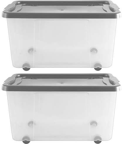 Muddy Hands Pack of 2-48 Litre Large Clear Plastic Storage Boxes with Lids & Wheels Stackable Containers - Length: 58cm - Width: 37cm - Height: 29cm