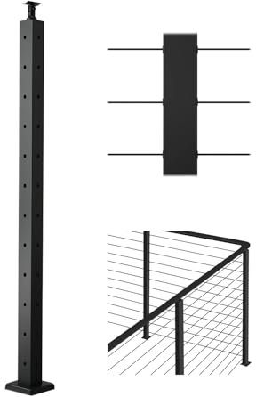 VEVOR Cable Railing Post, 42x2x2 Inch Corner Railing Post, with L-Shaped Pre-Drilled Holes, Stainless Steel Cable Rail Post with Horizontal and Curved Bracket, 1-Pack, Black, 1JZLGZXHS1065S1EW001V0