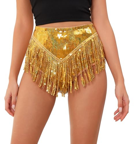 FYMNSI Pailletten Shorts Damen Rave Outfit Techno Glitzer Kurz Hose Hohe Taille Quaste Hotpants Musikfestival Festivals Tanz Party Glänzend Fasching Karneval Kostüm Bauchtanz Clubwear Gold S