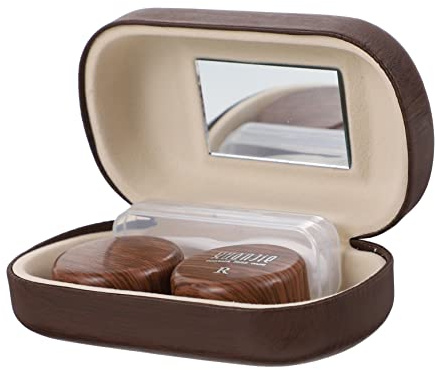 SAFIGLE Portable Brown Eye Lens Case with Leather Lining, Good Sealing Performance, Lightweight Plastic Contacts Lens Container with Clip and Small Mirror for Travel Or Daily Use