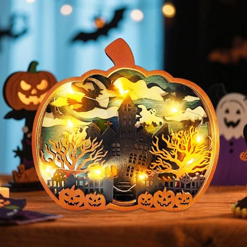 Herbstdeko Kürbis Lichter Holz, Halloween Deko Kürbis mit LED Lichterkette, Herbst Deko LED Kürbis Laterne, Leuchtende Kürbisse Dekoration Lampe Ornament für Innen Outdoor Tischdeko Schlafzimmer (B)
