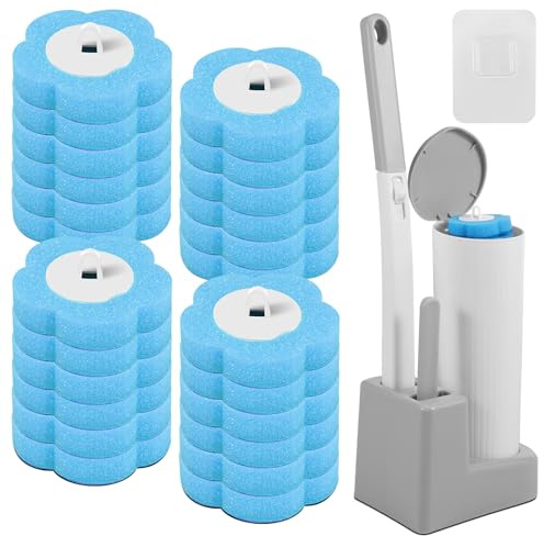 Escobilla de baño desechable con 48 cabezales de escobilla de inodoro, espuma de repuesto, con 1 para juntas, de inodoro desechable con mango extendido, soporte para baño, bañera
