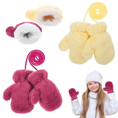 Yimomoyi Manoplas Cálidas para Niños, 2 Pares Guantes Invierno con Forro Polar, Manopla de Nieve de Invierno con Cuerda Cuello, Mitones Cálidos de Invierno para Niños 3-7 años, 18 * 9cm