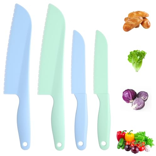 KFHENSOMR 4 Pack Lettuce Knife 11/8.5 inch Nylon Knifes Plastic Lettuce Knife to Prevent Browning Dishwasher Safe Kitchen Utensils for Vegetables Fruits Bread Cake and Salad (S/L Blue and Green)