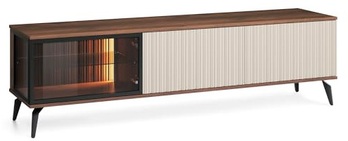 Komodee TV Schrank Dawson - Nussbaum - Kashmir - Verglast - LED-Beleuchtung - Breite 180 cm, Höhe 50 cm, Tiefe 39 cm