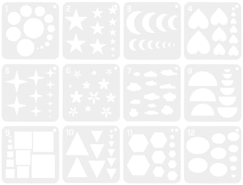 NUOBESTY 12 St Geometriska Stenciler i Slitstarkt Material Ritmallar med Oregelbundna Former för Pojke Flicka Konstnärer och Skolprojekt Inklusive Blommor och Stjärnor Perfekta för