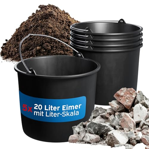 kör4u Baueimer 5er Set 20l, Schwarz, mit Metallbügel, Mörteleimer für BAU