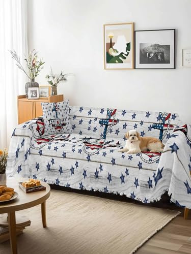 Independence Day Sofa Cover Blanket Couch Covers for Armchair Cushion,Couch Sofa Silpcover with Tassel,Patriotic Anchor Blue Star Wooden Living Room Bedroom Throw Towel Blanket Covers XX-L 71x150