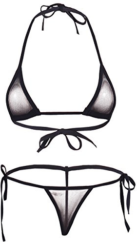 Agoky transparent meshbikini set för att knyta extrem sjögögrön baddräkt nackhållare bikini topp behå mikro-string sexig baddräkt badmode, Svart A, En Storlek