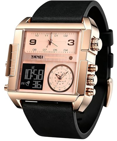 SKMEI Herren Digital Sportuhr LED Quadratisch Großes Zifferblatt Analog Quarz Armbanduhr mit Multi-Time Zone Wasserdicht Stoppuhr modisch 2.17*2*0.59 inch Roségold Schwarz