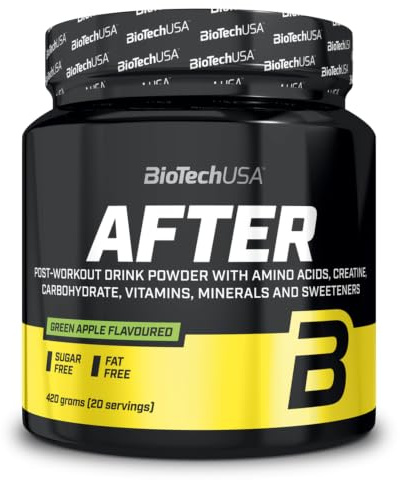 BioTechUSA After | Boisson en poudre aromatisée pour post-entraînement | avec acides aminés, créatine, vitamines et minéraux | sans sucre | 420 g | Pomme verte
