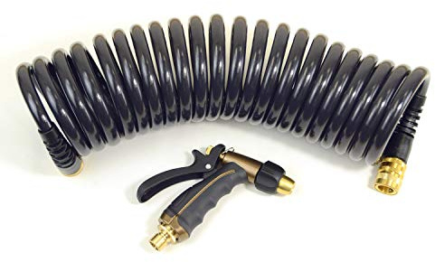 Olmsted Forge Schlauch-Set, 2 Stück: 1,27 cm ID x 25 m HP Qualitäts-Spiralschlauch (anthrazit) mit 2 Flexentlastungen und Metallkörperdüse