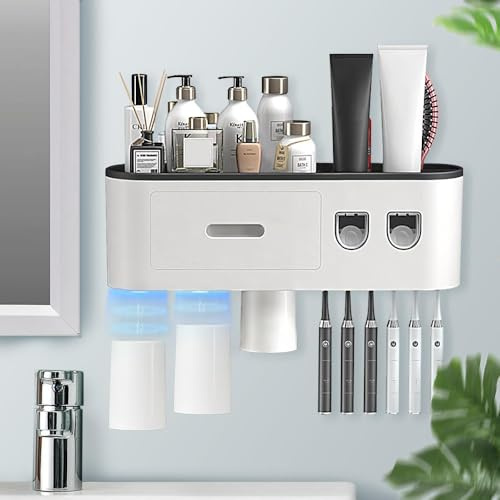 BHeadCat Porte Brosse Dent Mural, Support de Brosse à Dents Mural avec Distributeur Dentifrice Automatique Double, 6 Emplacements pour Brosse, 3 Tasses Magnétiques 1 Tiroir et 1 Grand Plateau（le noir）