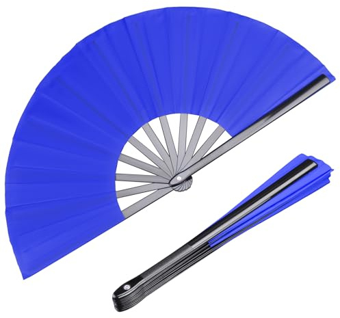 HONSHEN Paquete de 2 abanicos de mano plegables grandes, abanicos chinos azules de Kung Fu Tai Chi de tela de nailon para hombres y mujeres, actuaciones, bailes, decoraciones, festivales, regalo