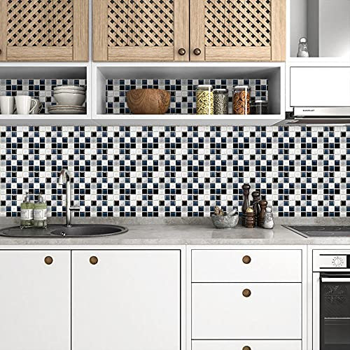 Stick on Tiles Blue Black Checkered Tile Stickers PVC Self Adhesive Wall Tiles Heat Resistant Tile Stickers for Kitchen Bathroom Waterproof Peel and Stick Floor Tiles Tile Paint 20x20cm