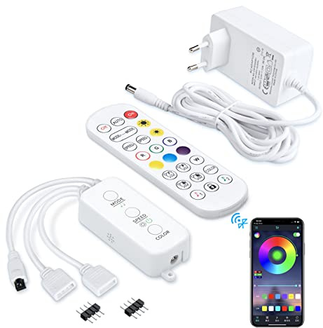 Sunity Controlador LED Bluetooth, 12V, 2 puertos | Adaptador Bluetooth con fuente 12V, 2 puertos, control por app y sincronización musical