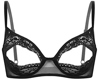 Aislor Womens Sheer Lace Hollow Out Nipple Triangle Bralette Wire-Free Unlined Bra Top Nightwear Black 5XL