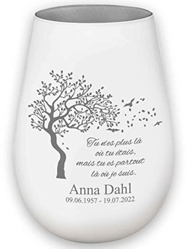 Photophore en Verre personnalisé - nom et Date funéraire - Lumière de deuil - présent funéraire - Blanc/Argent - Tu n'es Plus là où tu étais, mais tu ES Partout là où Je suis.