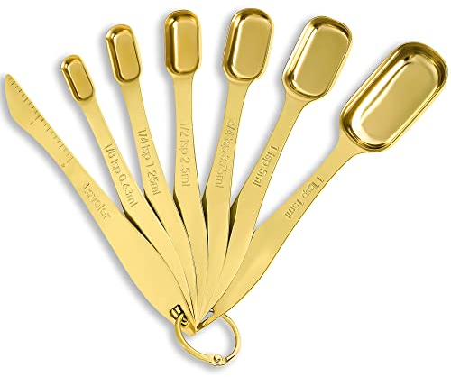 Rainspire Heavy Duty Measuring Spoons Set Stainless Steel, Metal Measuring Cups and Spoons Set for Dry or Liquid, Fits in Spice Jar, Home Gadgets Kitchen Gadgets, Set of 7 Including Leveler, Gold
