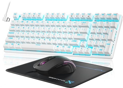 Mechanical Gaming Keyboard and Mouse, 98 Keys LED Backlit Keyboard with Floating Keycap, Ergonomic RGB Gaming Mouse with Mouse Pad Combo, Full Anti-Ghost Wired Keyboard for PC Laptop Gamer, White