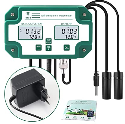 Irfora Tester di qualità dell'acqua 6 in 1 Wifi, monitor di qualità dell'acqua multiparametro, pH digitale/quantità totale di solidi disciolti/EC/S.G/Sale/Temp per piscine d'acquacoltura