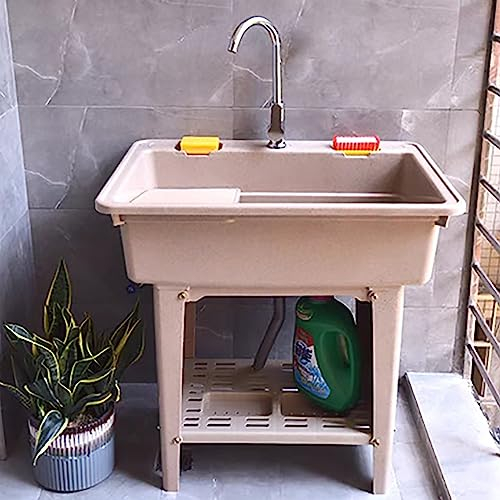 MKYOKO Allzweckwaschbecken for Eine Waschküche, Ausgussbecken Kunststoff, Freistehende Allzweckwanne aus Kunststoff, Wäschewanne, Badezimmerwaschbecken (Color : B, Size : Small with Faucet)